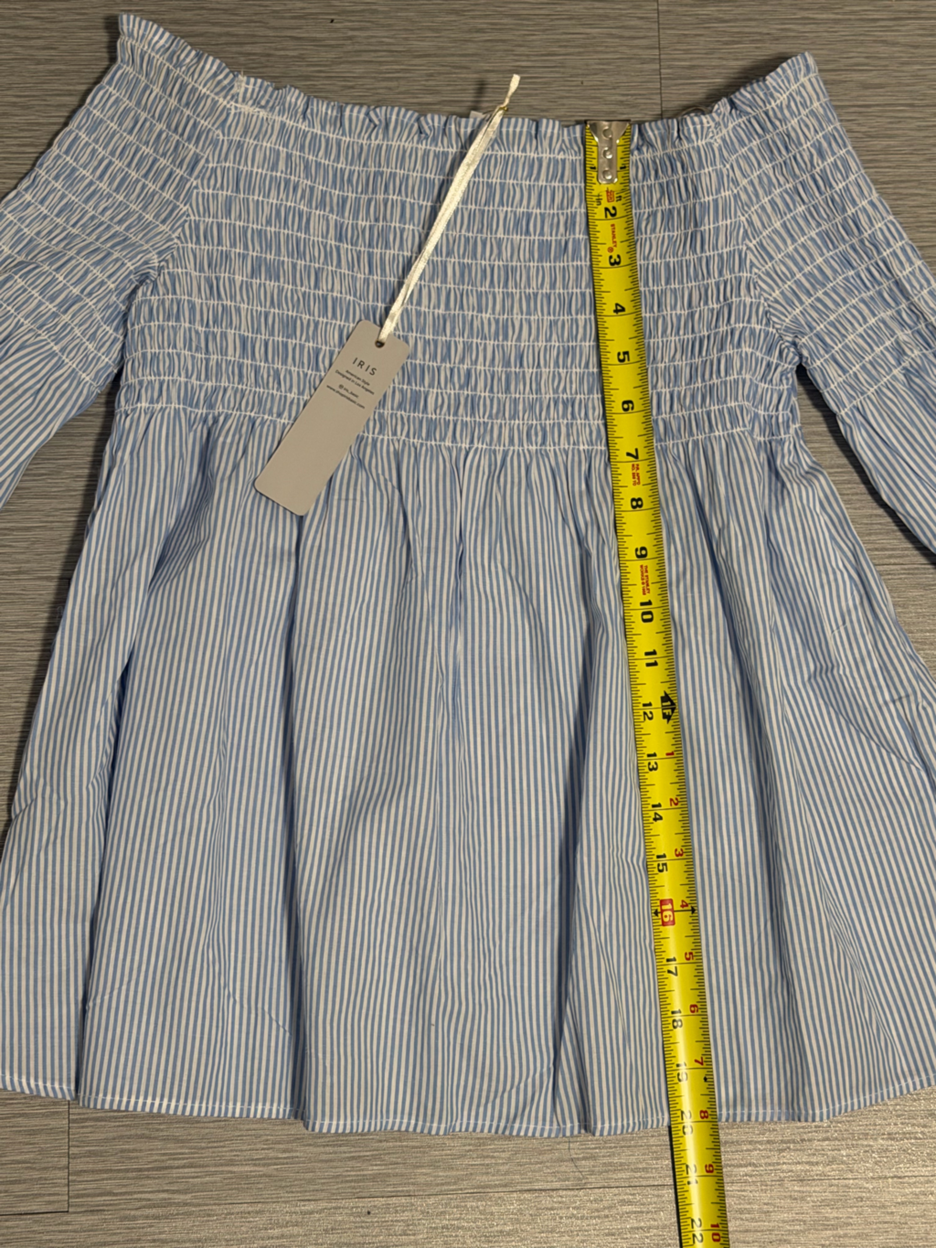Nwt Iris Basic Blue White Striped Smocked Off Shoulder Top Tie Sleeves M — image 3 of 8